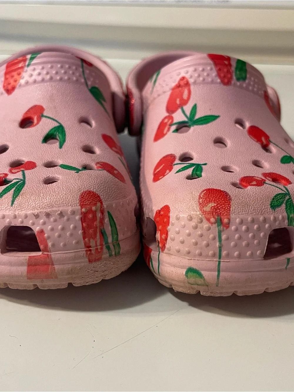 CROCS Kids Pink Clogs with Red Cherry Print and Red Glitter Strap